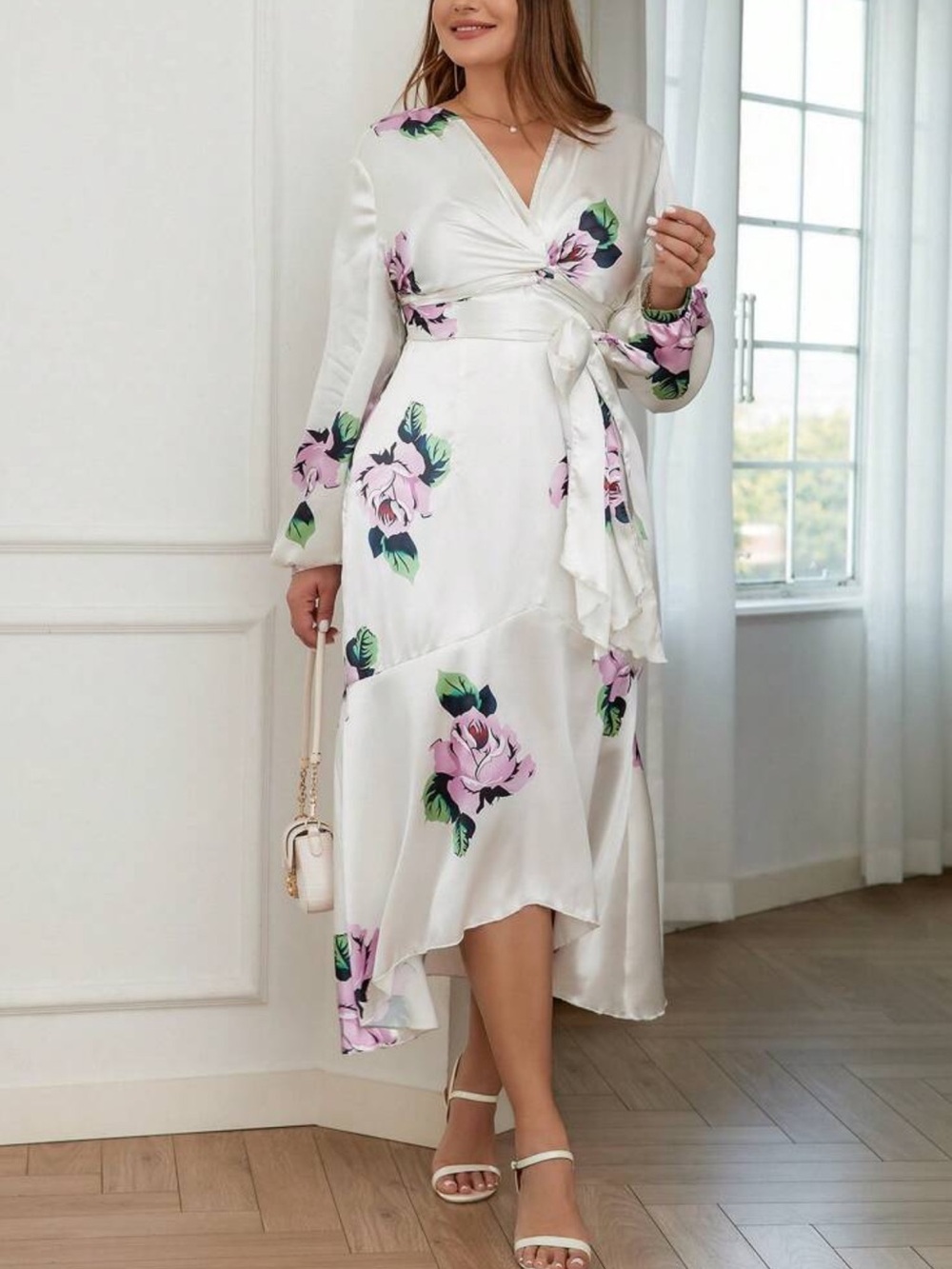 Satin White Floral Wrap Midi Dress with Pink Roses - 0XL